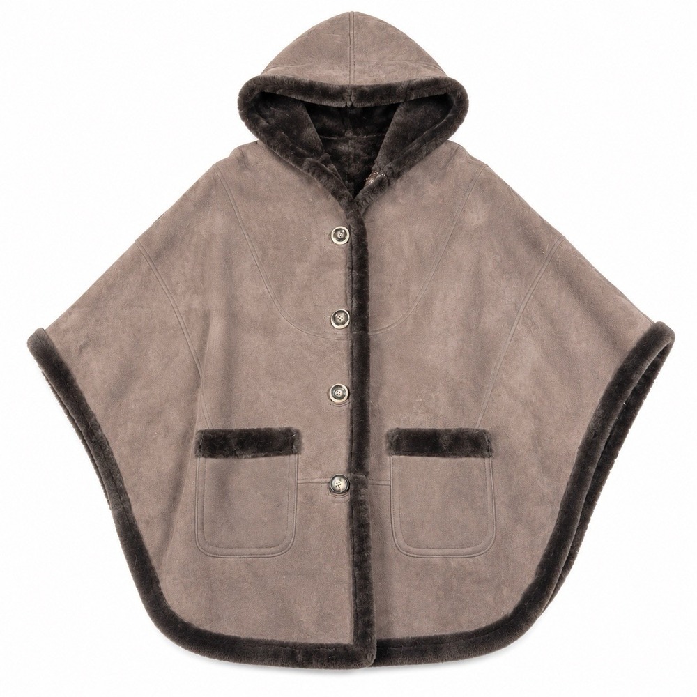 Vintage French Creek Shearling Sheepskin Hooded Cape Poncho XL Brown USA